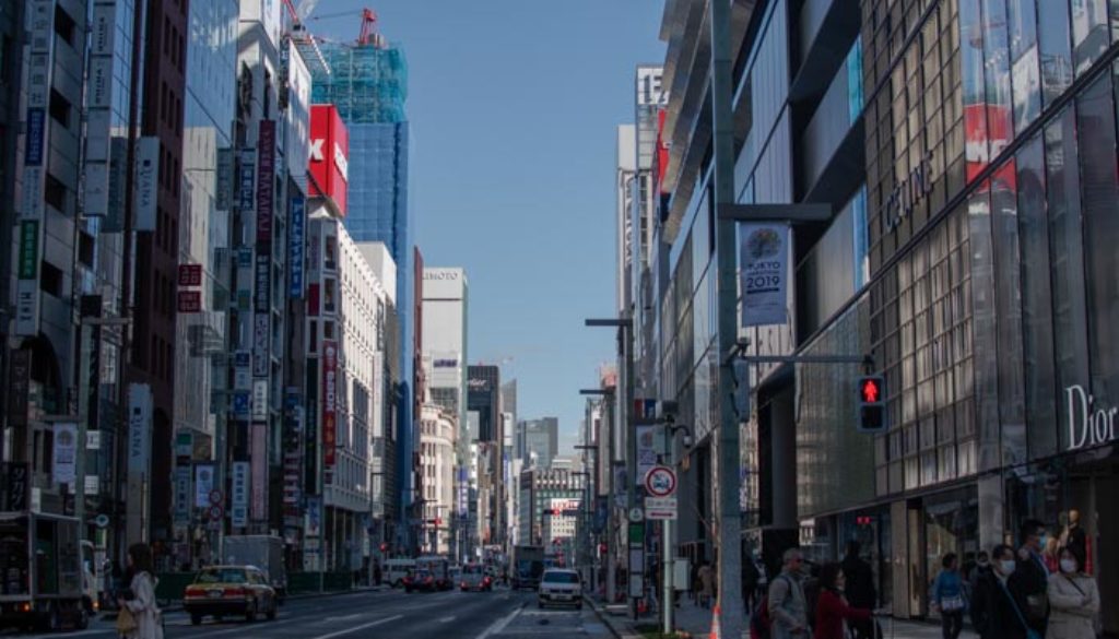 Chuo Dori (Chuo street) in Ginza, where many department stores are located.