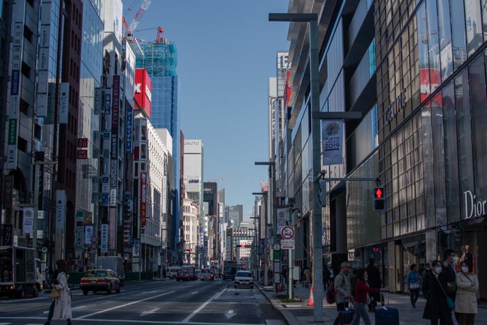 Chuo Dori (Chuo street) in Ginza, where many department stores are located.