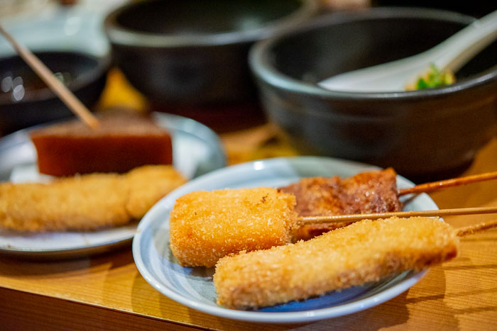 Fried meat skewers at an izakaya pub in Kichijoji