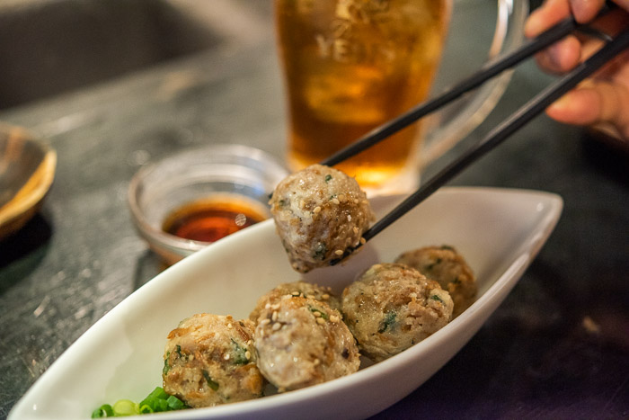 Chicken meatballs (tori dango) at Momokichi in Kichijoji